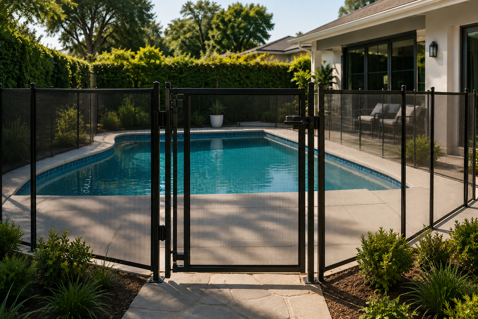 Backyard swimming pool enclosed by a safety fence with a self-closing gate