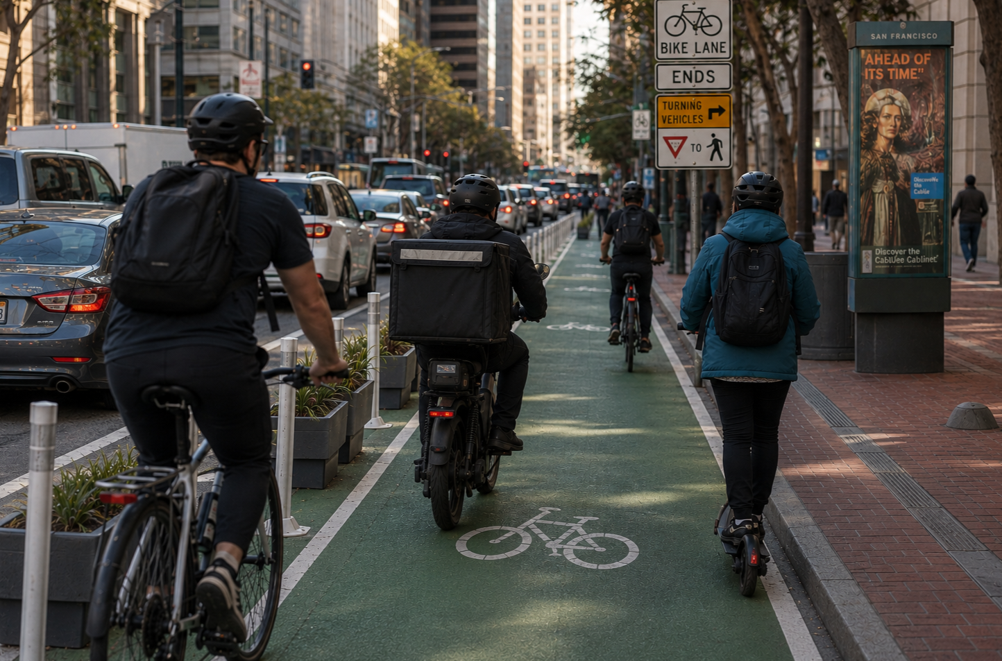 A busy San Francisco street filled with cars next to a protected green bike lane with traditional cyclists, e-bike delivery drivers, and scooters.
