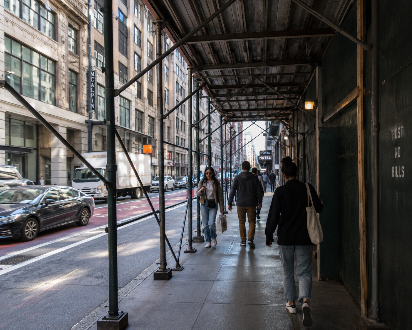 Scaffolding over a city sidewalk with people walking underneath it.
