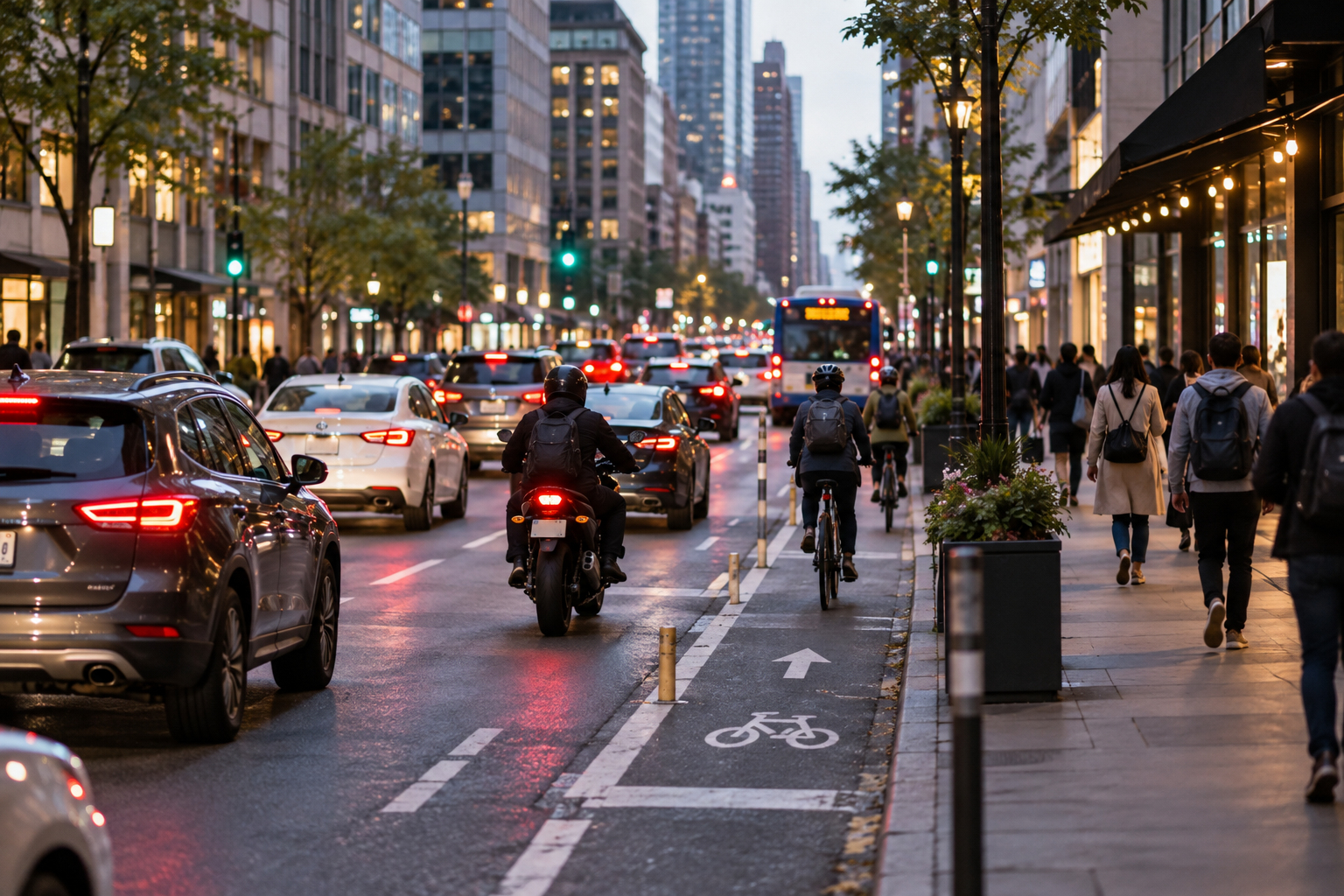 A busy city street with cars, motorcycles, pedestrians, and bikes in a bike lane at dusk.