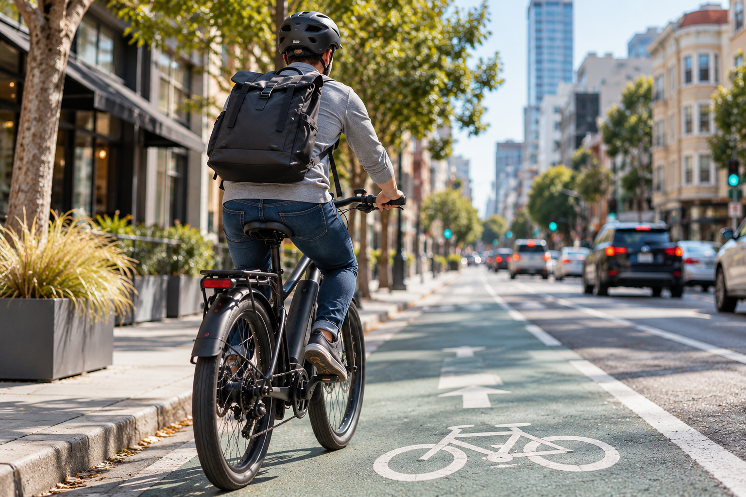 A male riding a pedal-assist e-bike in a bike lane in an urban setting.